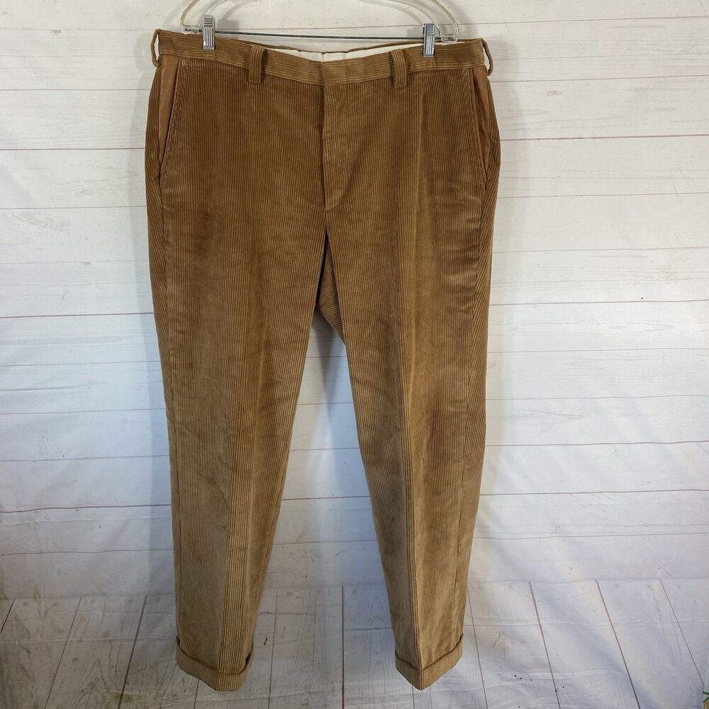 Orvis Men Brisbane Corduroy Pants Sz 40 Brown Leather Trim Pockets Cuffed